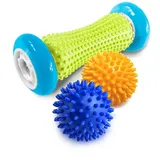 JIAHAO Fußmassageroller mit Noppen, lindert Fußschmerzen, lindert Plantarfasziitis und Fersenschmerzen und entspannt Schulter-, Fuß-, Rücken- und Bein-Hand, inklusive 1 Rolle und 2 Noppenbälle (blau)