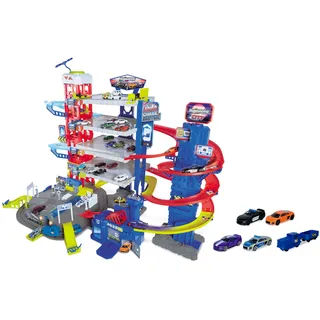Majorette – Super Chase Center - Parkhaus mit 5 Etagen, mit Verfolgungsjagd, Parkgarage für Kinder ab 5 Jahren, inkl. Spielzeugautos, Zug, Aufzug, Licht & Sound