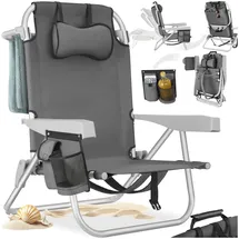 Tectake tectake® Aluminium Strandstuhl, klappbar, mit Rucksackfunktion, 5-fach verstellbare Rückenlehne mit Kopfpolster, rückseitige Kühltasche und Aufbewahrungstasche