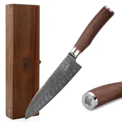 ZAYIKO Damastmesser KURUMI Santokumesser - 17,5cm Klinge - Nussbaumgriff - VG-10...