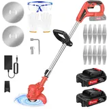 Akku Elektro Rasentrimmer mit Klingen, Rasenkantenschneider Akku Rasentrimmer und Kantenschneider Garten Rasen Unkraut Trimmer für Garten, Hof, Ink 2 Batterien und Ladegerät, Rot
