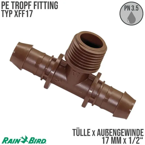 17 mm x 1/2" Rain Bird T-Stück 90° Kunststoff Tülle x AuÃengewinde x Tülle Tropf Fitting braun Typ X