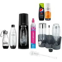 SodaStream Wassersprudler TERRA 3x Flaschen, 2x Pepsi Sirup, Flaschenhalter, Flaschenbürste, (CO2-Zylinder bis zu 60 Liter Sprudler Getränke, Vorteilspack, 8-tlg., Wassersprudel, 2x 3x Flasche, 2x Sirup 440 ml, Bürste, Flaschenhalter), Kompakter Flaschenhalter Abtropftablett, Umweltfreundlichmit. schwarz