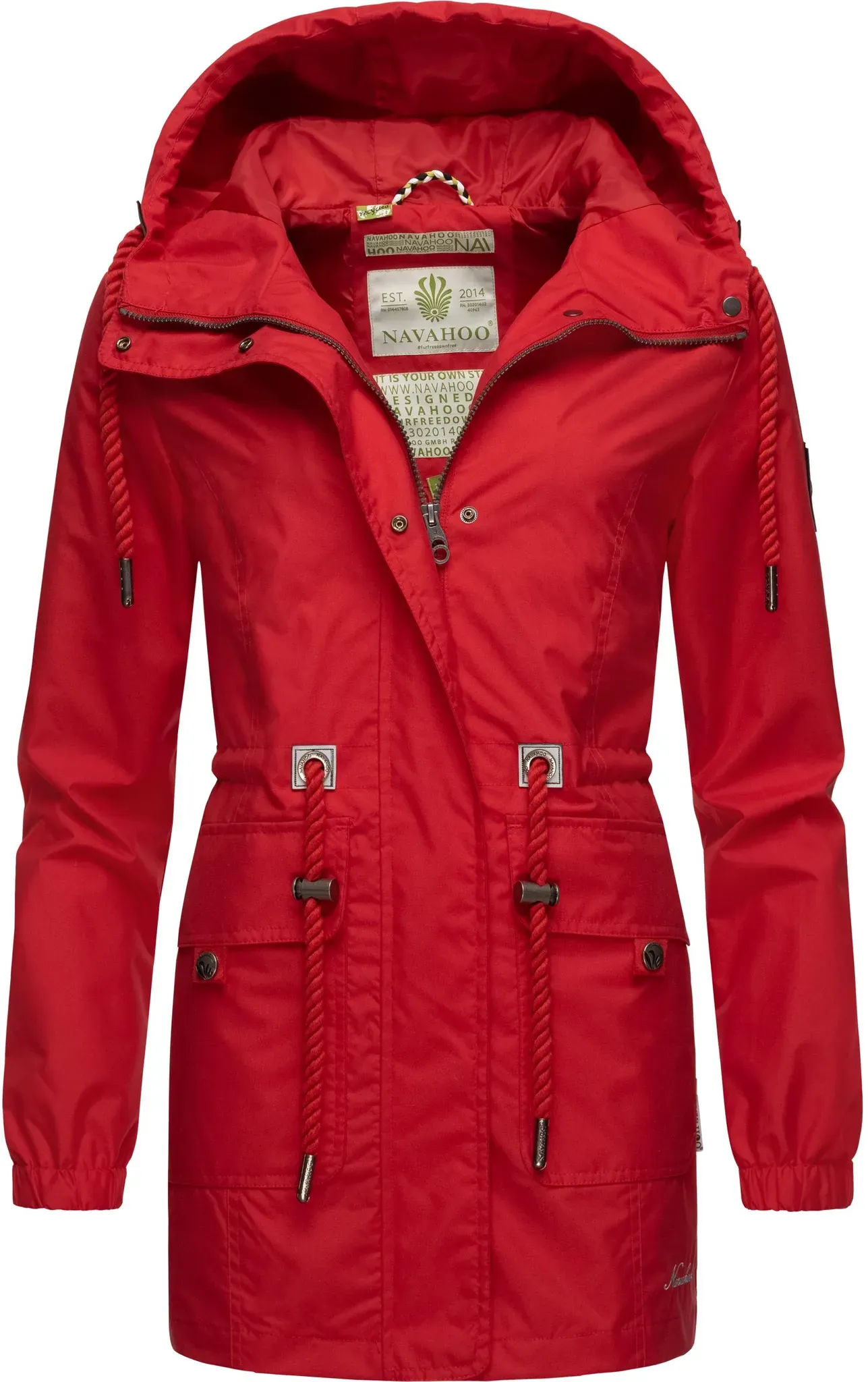 Outdoorjacke NAVAHOO "Neophee", Damen, Gr. XS (34), rot, Obermaterial: 100% Polyester (recycelt), Futter: 100% Polyester (recycelt), Ärmelfutter: 100% Polyester (recycelt), Basic, figurumspielend Po-bedeckend, hoch geschlossener Ausschnitt, Langarm Ärmel ohne Ärmelschlitz elastischer Bund mit innenliegendem Gummizug, Jacken, Damen Übergangs Parka aus recycelten Materialien