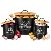 3er Set Vorratsdosen aus Metall mit Bambus Deckel für Knoblauch, Zwiebel und Kartoffel Kartoffeltopf Zwiebeltopf Knoblauchtopf Vorratsbehälter - Schwarz