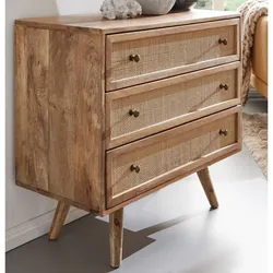 Massivholz Schubladenkommode 80cm Mango Kommode mit 3 Rattan Schubladen Wiener Geflecht Design Sideboard