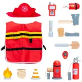 Vmxlso Feuerwehr Kostüm Kinder, Feuerwehrmann Kostüm Kinder mit Kappe, Holz Feuerwehr Spielzeug, Feuerwehrkostüm Kinder, Kostüme für Kinder ab 3 Jahre, Karneval, Fasching, Mottoparty