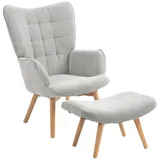 Akzentsessel Mit Hocker, Relaxsessel In Cord-optik, Armlehnstuhl Mit Holzbeinen, Für Wohnzimmer, Grau