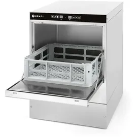 HENDI Geschirrspüler, elektromechanische Steuerung, für Gläser, inklusive 2 Spülkörben von 400x400mm, Besteckkorb, mit Ablauf- und Reinigungs pumpe, 230V/2800W, 472x566x(H)705mm, Edelstahl