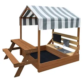 Axi Bo Sandkasten & Spielhaus aus Holz mit Spielküche, Dach und Picknicktisch - Braun | Sandkasten inklusive 6-teiligem Zubehörset | Mit Bodenpla... | Braun