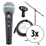 Pronomic DM-58-B Vocal Mikrofon Starter Set 3x Mikro, XLR Kabel Klemme, Stativ