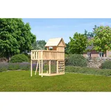 Karibu Spielhaus Frieda mit Anbauplattform und Kletterwand Naturbelassen