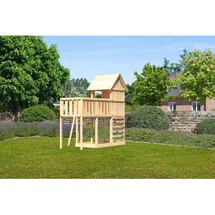 Karibu Spielhaus Frieda mit Anbauplattform und Kletterwand Naturbelassen
