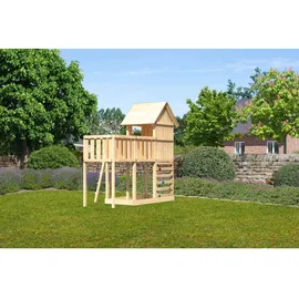 Karibu Spielhaus Frieda mit Anbauplattform und Kletterwand Naturbelassen