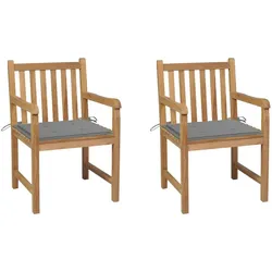 vidaXL 2x Teak Massiv Gartenstuhl mit Grauen Kissen Armlehnen Gartensessel Sessel Holzstuhl Stuhl Gartenmöbel Stühle Terrassenstuhl Essstuhl