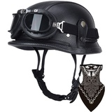 DIRERTYS Leder Motorrad Halbhelme Retro Halbschalenhelm JetHelm mit Visier Schnellverschluss Schnalle für Cruiser Chopper Biker Moped DOT/ECE-Zulassung