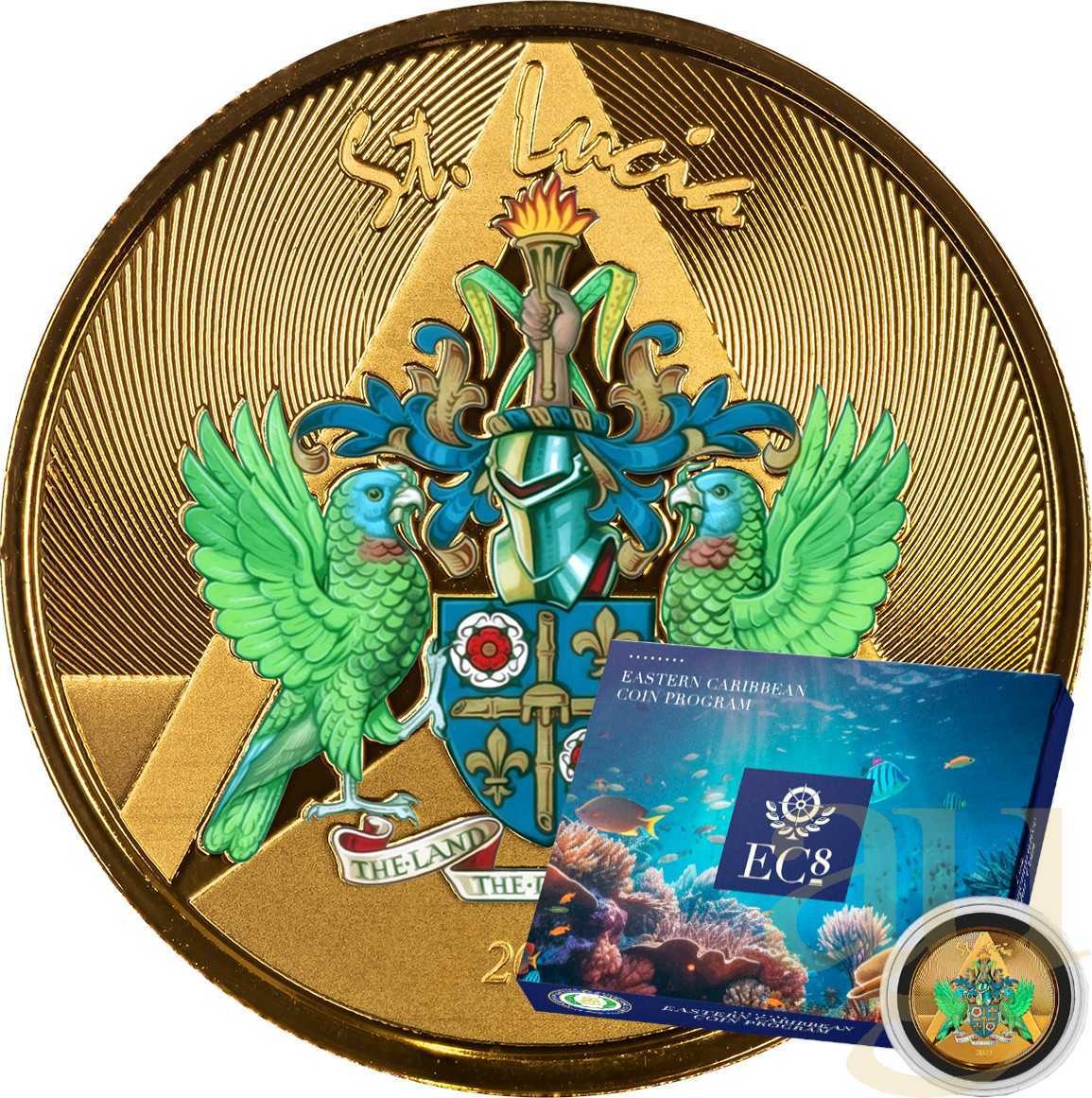 1 Unze Goldmünze EC8 St. Lucia - Coat of Arms 2023 - coloriert
