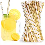 Papiestrohhalme zum Trinken, 300 Stück Gold Bunte Papierstrohhalme, Trinkhalme aus Papier 19,7 cm, Bunte Cocktail Strohhalme Trinkhalme Biologisch Abbaubare für Cocktails Kalte Getränke und Säfte