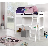 Natur24 Kinderbett Hochbett Renate Buche Massiv Weiß lackiert mit Schreibtisch und Textilset weiß