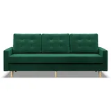 mebligo Sofa mit Schlaffunktion und Bettkasten Blank, 3 Sitzer Sofa 212 cm Breit, Schlafsofa, Ausziehbares Couch auf Holzfüßen, Schlafcouch Flaschengrün