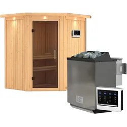 Karibu Sauna Taurin mit Eckeinstieg 68 mm -9 kW Bio-Kombiofen inkl. Steuergerät-Inkl. Dachkranz-Ganzglastür in Graphit-Optik