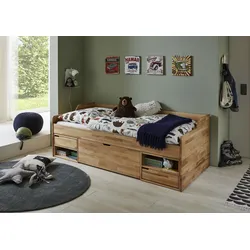 Funktionsbett RELITA "Levi", braun (buche natur lackiert), B:95cm H:70cm L:204cm, Daybetten, mit Rollrost, Schubladen und Fächern