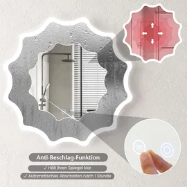 Costway Badspiegel mit Anti-beschlage Spiegelheizung, Welle-Design Led-spiegel dimmbar, Badezimmerspiegel 3000k-6500k Wandspiegel 60 x 60 cm
