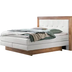 Boxspringbett HASENA "Texas", weiß (weiß, wildeiche natur), B:204cm L:206cm, Komplettbetten, Boxspringbett, Bettkästen, Massivholz-Umrandung, Tonnentaschen-Federkernmatratze