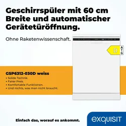 Exquisit Geschirrspüler GSP6312-030D weiss | Spülmaschine 60 cm | 12 Maßgedecke | Auto Türöffner | Intensiv Modus | Unterbaugerät