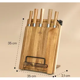 Klarstein Küchenmesser Set mit Messerblock Selbstschärfend, Messerset mit Akazienholz-Messerblock, 5 Scharfe Messer, Kratzfeste Edelstahl-Messer