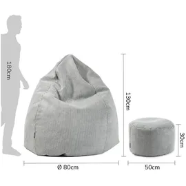 mokebo Sitzsack Der Tagträumer Cord 180 x 80 x 80 cm Grau mit Hocker