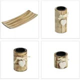 Relaxdays Teelichthalter, mit Tablett & Steine, Tischdeko Wohnzimmer & Esszimmer, Kerzendeko, braun