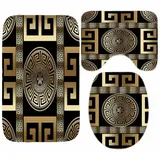 ZGDPBYF 3-teiliges Badematten-Set, geometrisch, schwarz, gold, griechischer Schlüssel, Meander, wasserdicht, rutschfest, waschbar, Teppich für Badezimmer, 3-teiliges Set