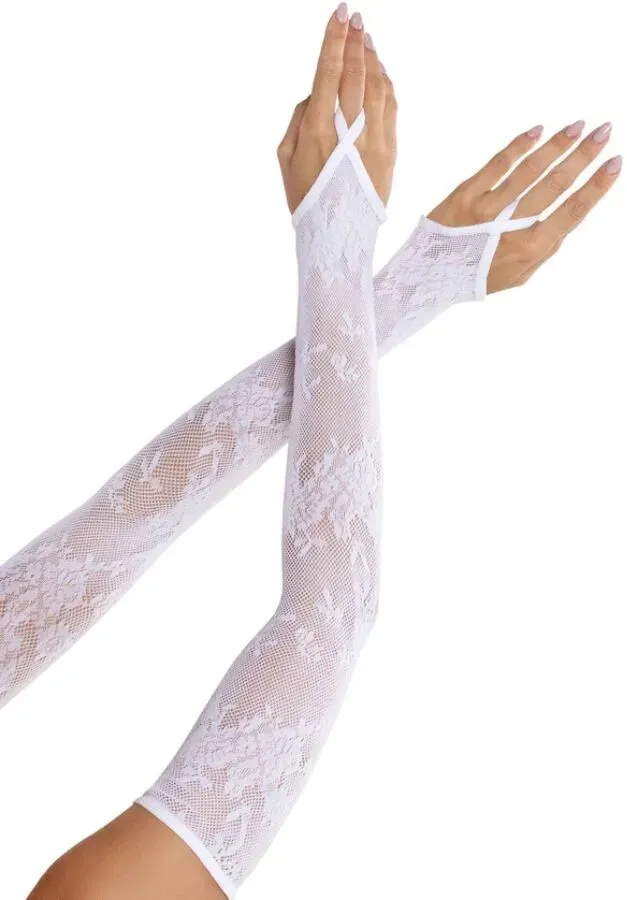 LEG AVENUE - EXTRA LANGE ARMWÄRMERHANDSCHUHE MIT BLUMENSPITZE, WEISS