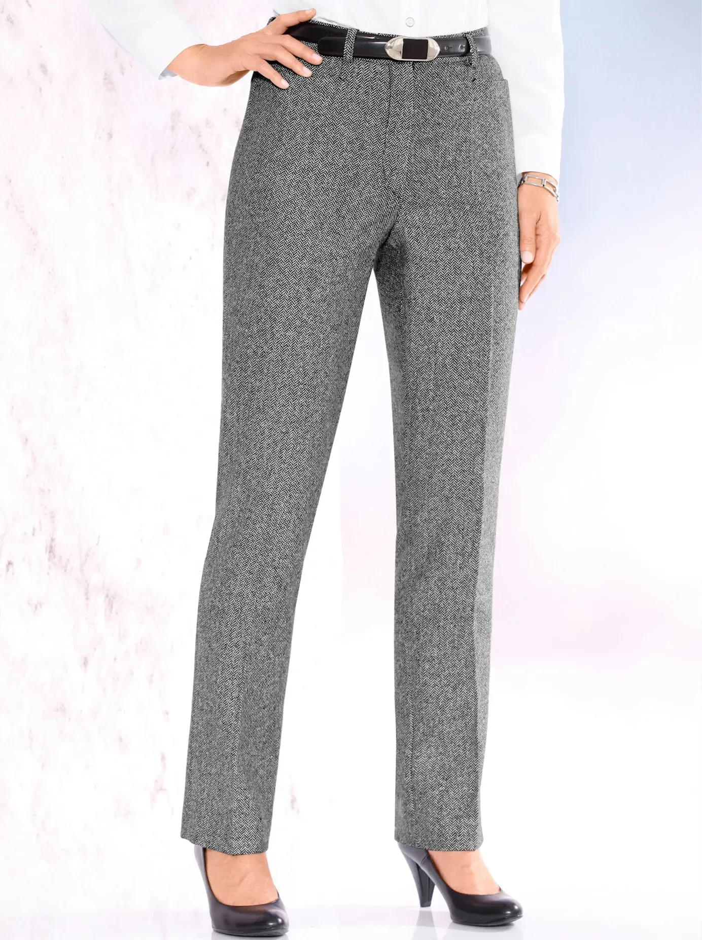 Bügelfaltenhose COME ON, Damen, Gr. 24, Kurzgrößen, schwarz-weiß (schwarz, weiß fischgrat), 49% Wolle, 29% Polyester, 20% Baumwolle, 2% Elasthan, gemustert, mehrfarbig, lang, Hosen