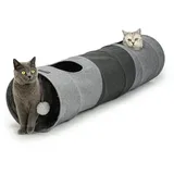 LIONTO Katzentunnel mit Spielball, 30x130 cm, Faltbarer erweiterbarer Spieltunnel aus pflegeleichtem Faux-Linen-Material für Katzen, Robustes Katzenspielzeug, 30 cm Durchmesser