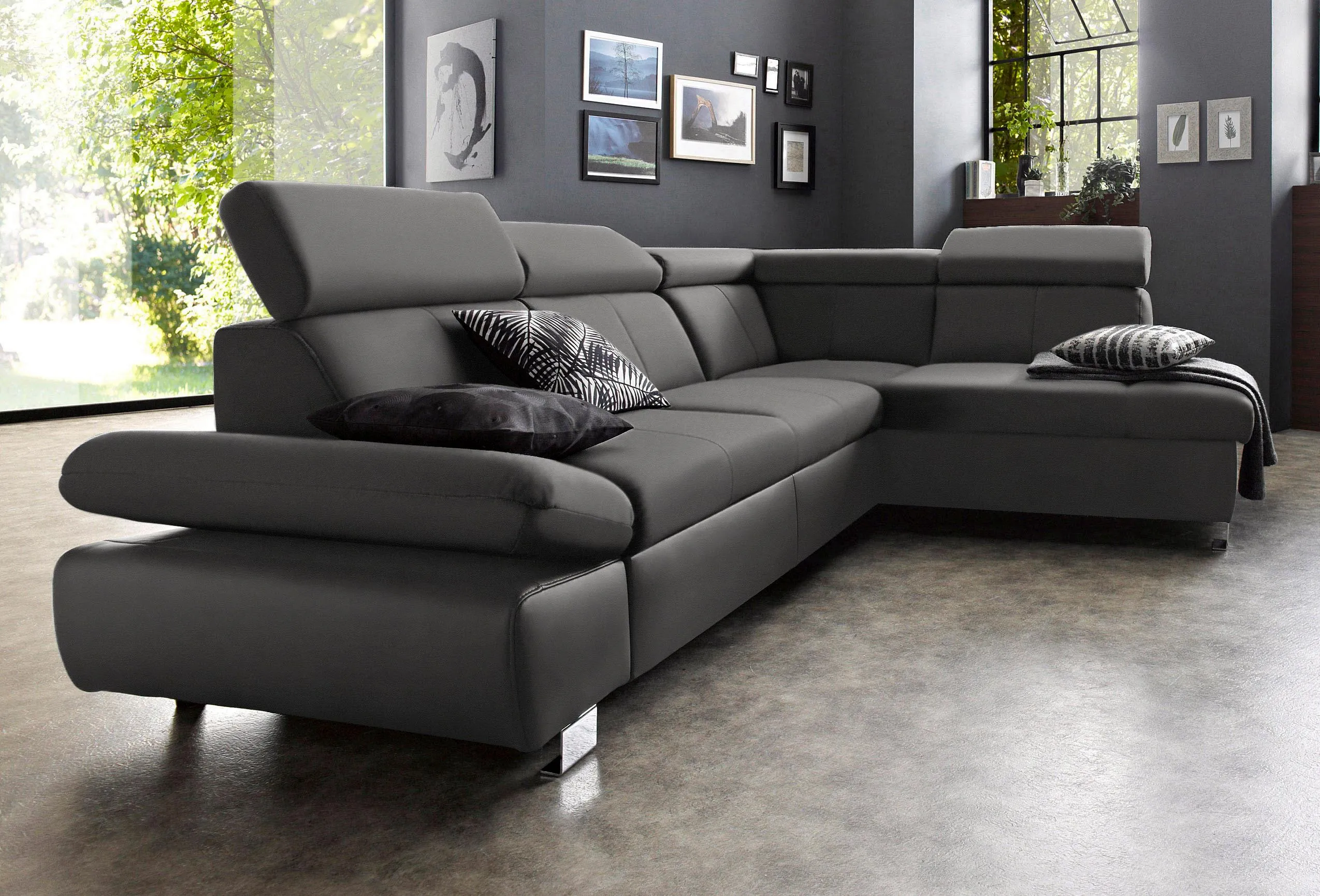 exxpo - sofa fashion Ecksofa »Happy, modern und bequem, L-Form«, inkl. Kopfteil- und Armlehnverstellung, wahlw. mit Bettfunktion, Leder exxpo - sofa fashion schwarz