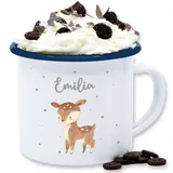 Emaille Tasse Blechtasse - Süßes Reh - 300 ml - Weiß Blau - blechtassen tiere tieren personalisierte becher waldtiere name personalisierter tier kinder geschenke baby und rehe tiermotiv tassen