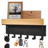 TINIFO Schlüsselbrett Holz mit Ablage – Schlüsselhalter Wand Schwarz, Modern Schlüsselablage mit 6 Haken für Flur Küche, Eingangsbereich
