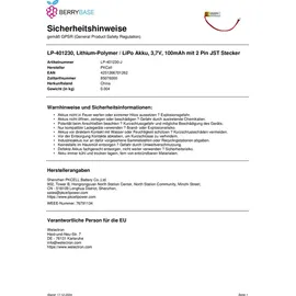 PKCELL LP-401230, Lithium-Polymer / LiPo Akku, 3,7V, 100mAh mit 2 Pin JST Stecker