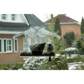 Dobar 11503 Fenster-Vogelfutterhaus - Futterstation aus Kunststoff - Wildvogelfutterspender mit Saugnäpfen - Futtersäule für Fenster - Futterhaus mit Futtertablet - 24 x 9,6 x 15 cm - Transparent