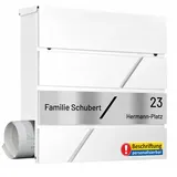 AL Briefkastensysteme Laser-Line 1er Briefkasten personalisiert mit Namen + Hausnummer - Postkasten Verkehrsweiss RAL 9016 modern mit Zeitungsfach Gravur & Absenkautomatik für Wand- & Zaunbriefkasten