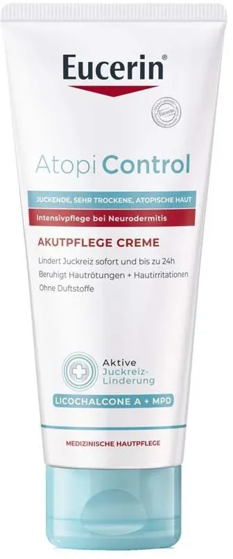 Eucerin® AtopiControl Akutpflege Creme hilft wirksam bei akuten Neurodermitisschüben, gegen Juckreiz, Hautrötungen und Entzündungen