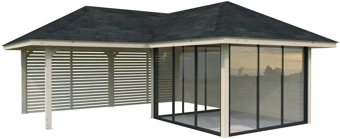 Palmako Pavillon Bianca 24,9 m2 Set 511 Slide Plus mit Isolierglas-Schiebetüren transparent tauchgrundiert