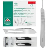 Set - 100 Stück sterile Skalpellklingen Figur 10 aus Karbonstahl - Ersatzklingen + 1 x Shehadeh - Skalpell-Halter - Edelstahl