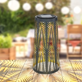 ETC Shop Solar Laterne Solarlampe Tisch aussen Solarlicht Tisch für Außen Balkon schwarz, Säule mit Lichteffekt, goldenes Innere,1x LED warmweiß, H 24,5 cm,