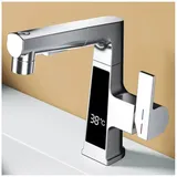 SWHC Wasserhahn Bad, 3 Modi Waschtischarmatur mit Brause Ausziehbar 60cm, Waschbecken Armaturen LED Digitalanzeige Mischbatterie Waschbecken Hubbar Wasserhahn Badezimmer 360° Drehung