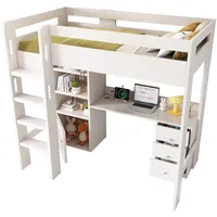 Odikalo Kinderbett Hochbett Jugendbett USB Schreibtisch Schrank Treppe Stauraum 90x200cm weiß
