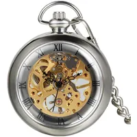 Avaner Vintage Taschenuhr für Herren Analog Handaufzugwerk Pocket Watch Durchsichtiges Ziffernblatt mit römischen Ziffern (Silber)