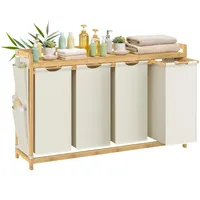 Songmics Wäschekorb 4 Fächer, Bambus, Wäschesammler 200 L, Wäschesortierer, mit Ablage, Wäschesack, kleine seitliche Taschen, Wäscheregal, 4 x 50 L, 124,6 x 33 x 78 cm, cremeweiß